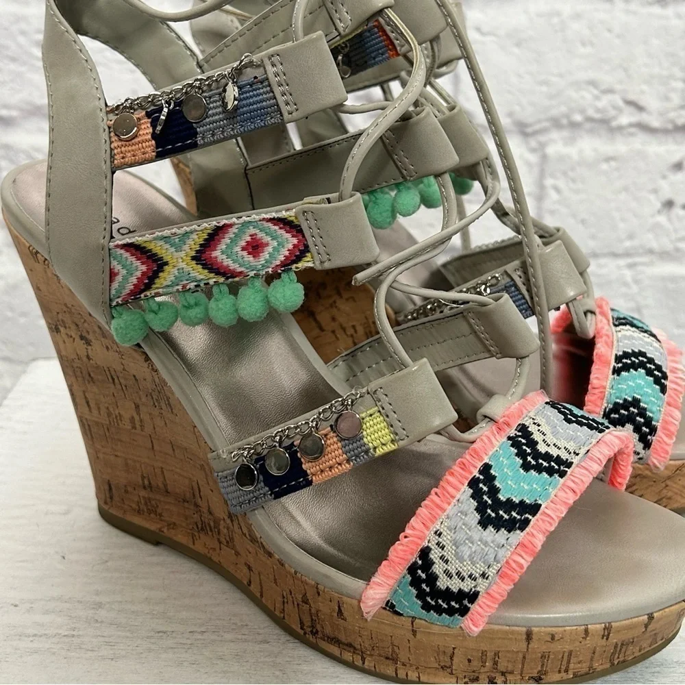 Madden Girl Indie Colorful Strappy Pom Pom Cork Wedge Sandals